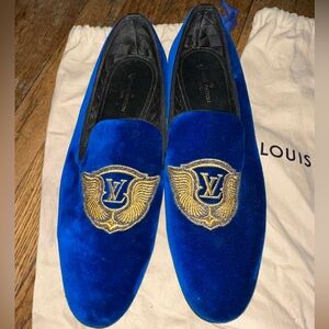 Louis Vuitton Royal Blue Velvet Loafers with Gold Logo